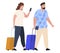 Man and woman tourists going with suitcases learning electronic map on smartphone vector flat