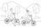 Man and woman traveling on bike in park with a dog, doodle style vector outline for coloring book