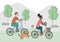Man and woman traveling on bike in park, dog running nearby, family trip, doodle style vector