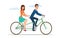 Man and woman on twin bike. Young couple riding a tandem bicycle