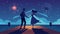 A man and woman twirling in perfect harmony on a wooden dock silhouetted against the glowing sky as fireworks burst in