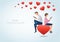 Man and woman using smartphone and sitting on the red heart with many hearts, concept of love online