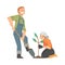 Man and Woman Volunteer Planting Tree Engaged in Freely Labour Activity for Community Service Vector Illustration