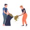 Man and Woman Volunteers Cleaning Picking up Garbage and Foliage in Bag Vector Illustration