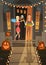 Man And Woman Wait For Monsters With Candy Tricks Or Treat Happy Halloween Banner Holiday Concept