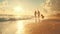 A Man and a Woman Walking a Dog on a Beach