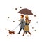 Man and woman walking with the dog, fall autumn vector illustration scene
