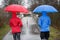 A man and woman are walking in the rain, dressed with a raincoat