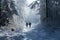 Man and woman walking in winter forest. Man and woman walking in winter forest, Best agers enjoying a winter walk, snowy forest,