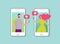 Man and woman write messages about love or date. Online dating concept. The characters on the phone screen fell in love. Flat