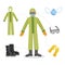 A man and a worker in chemical protective clothing with gloves, goggles, masks and boots.