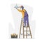 Man Worker Electrician Character Standing on Ladder in Living Room Hanging Lamp on Ceiling, Changing Burnt Light Bulbs