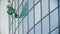 A man worker in yellow work clothes hanging on ropes and wipes the exterior windows of a business skyscraper out of the