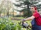 Man working bush trimmer