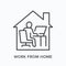 Man working on computer from home line icon. Freelance work, online education vector illustration. Person sitting in