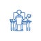 Man working on computer on table, sitting line icon concept. Man working on computer on table, sitting flat vector