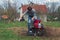 Man working in the garden with garden tiller. tractor cultivating and loosens soil field