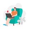 Man working at home. Concept vector flat illustration. Freelancer surfing the internet, holding a laptop and sitting in a chair. P