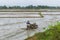 Man is working the soil by manual motor cultivator in rural region, Vietnam