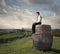 Man working on the top of a giant barrel