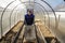 A man works in a vegetable garden in early spring. Digs the ground. Working in a greenhouse