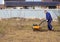 A man works in a vegetable garden in early spring. Digs the ground. Works as a cultivator, walk-behind tractor