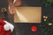 Man wrapping christmas present table Rustic background Wrapping top view