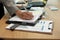 man writing reminder schedule note on notebook. businessman work