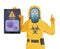 A man in yellow radiation protective suit shows a tablet with a picture on the screen Attention virus