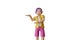 Man in yellow shirt, purple pants, spreading his left hand to merchandise, advertisement, present, banner, blank, white background