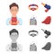 Man, young, glasses, and other web icon in cartoon,monochrome style. Superman, belt, gun icons in set collection.