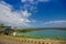 MANABI, ECUADOR - JUNE 4, 2012: Stagnant water with a water pumping machine at Same, Ecuador in a beautiful blue sky