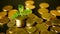 Management efficiency. Golden coins stack and green leaf on black background. Time for Success of Finance Business.