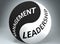 Management and leadership in balance - pictured as words Management, leadership and yin yang symbol, to show harmony between