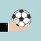 Manager hand holding soccer ball.
