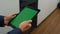 Manager hands holding tablet walking office closeup. Chroma key digital device