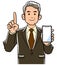 A manager in a suit holding a smartphone and raising his index finger