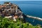 Manarola, Liguria, Italy. June 2020. Amazing view of the seaside village. The colored houses leaning on the rock near the sea are