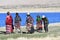 Manasarovar, Tibet, China, June, 14, 2018. Pilgrims make Kora around lake Manasarovar in Tibet