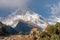 Manaslu mountain peak, eighth highest peak in the world behind Tibetan monastery, Himalayas mountain, Nepal