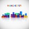 Manchester, New Hampshire skyline silhouette in colorful geometric style.