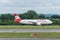 MANCHESTER UK, 30 MAY 2019: Austrian Airlines Airbus A320 flight OS464 to Vienna begins rolling for takeoff on Runway 28L at