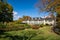 Manchester, VT - USA - Oct 9, 2022 Three quarter image of the Formal Garden of Hildene, the former summer Georgian Revival home of