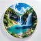 Mandala circle waterfall water pool rugged mountain landscape