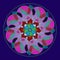 MANDALA CIRCLES FLOWER. PLAIN BLUE BACKGROUND. CENTRAL LINEAR PATTERN. FLOWER IN TURQUOISE, AQUAMARINE, MAGENTA, PURPLE, BLACK