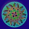 MANDALA CIRCLES FLOWER. PLAIN BLUE BACKGROUND. LINEAR PATTERN, COLORFUL IMAGE IN PURPLE, GREEN, BROWN, RED, ORANGE