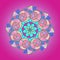 MANDALA CIRCLES FLOWER. PLAIN PURPLE BACKGROUND. CENTRAL DESING IN PINK, YELLOW, BLUE, TURQUOISE AND FUCHSIA