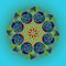 MANDALA CIRCLES FLOWER. PLAIN TURQUOISE BACKGROUND. CENTRAL DESIGN IN GREEN, BLUE, PURPLE, LIGHT BLUE AND BEIGE