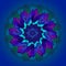 MANDALA DAHLIA FLOWER. PLAIN BLUE BACKGROUND. ART DECO STYLE, CENTRAL LINEAR DESIGN. BLUE, PURPLE, GREEN, AQUAMARINE