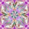 MANDALA FLOWER. GEOMETRIC PURPLE BACKGROUND. CENTRAL DESIGN IN PURPLE, BLUE, GREEN AND CREAM